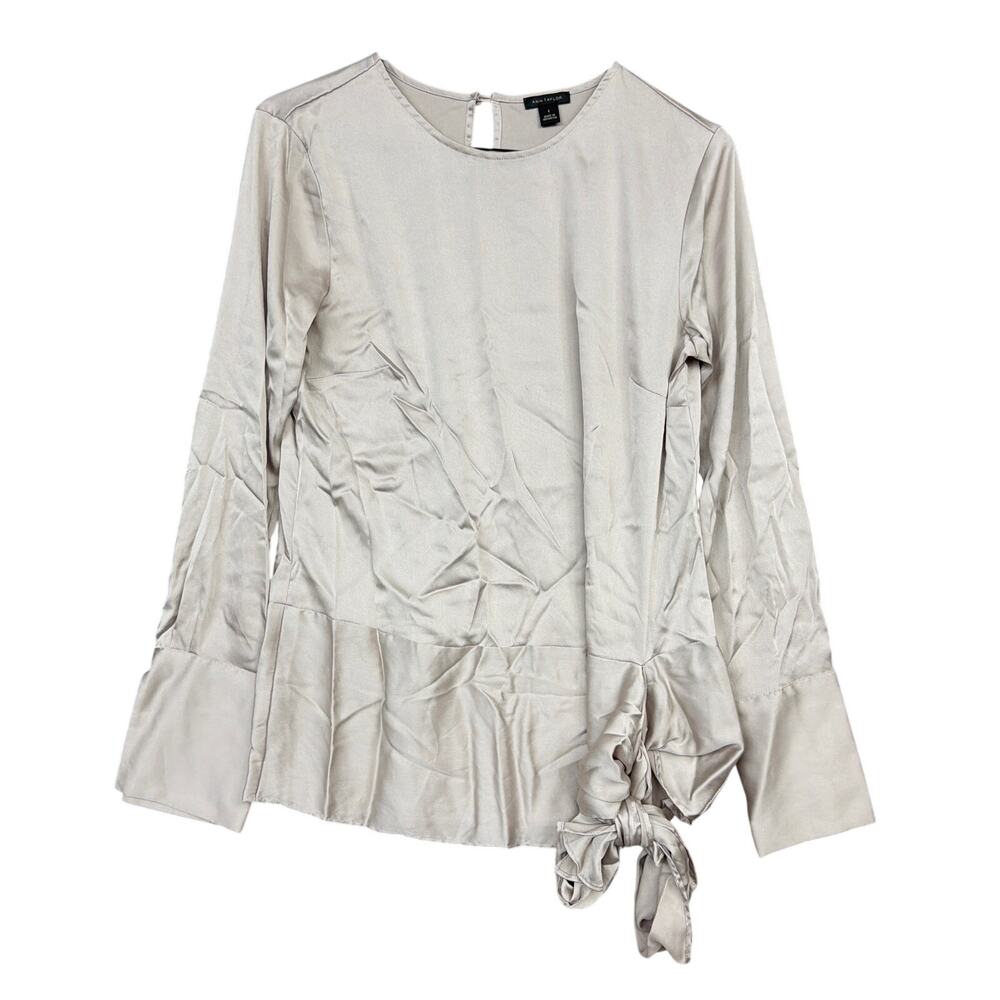 Ann Taylor Womens Blouse Shiny Champagne Wrap Tie Crew Neck Long Sleeve Small